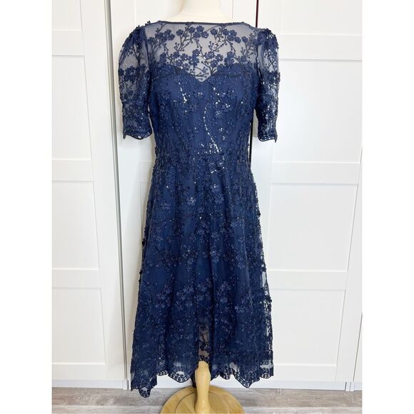 Teri Jon Dresses & Skirts - Teri Jon By Rickie Freeman Womens Blue 3D Embroidered Lace Midi Dress Size 14